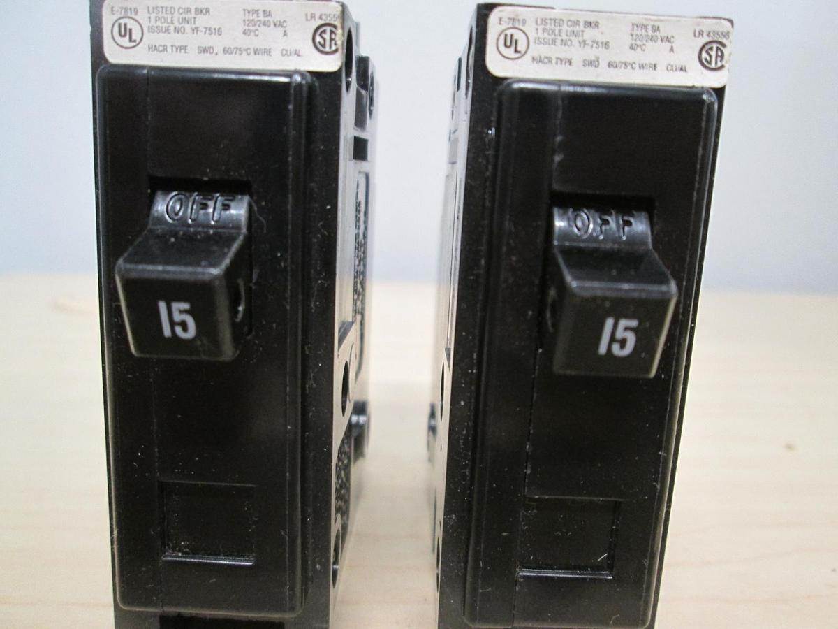Used Cutler Hammer, YF-7516,Type BA, Single Pole Circuit Breaker, 15A, Used, Lot of 2