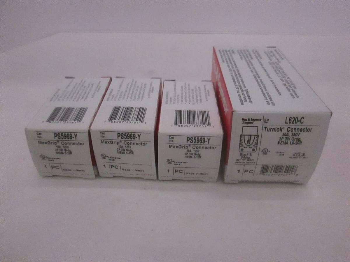 Legrand, MaxGrip Connector PS5969-Y Lot of 3 New and One L620-C Turnlok, New