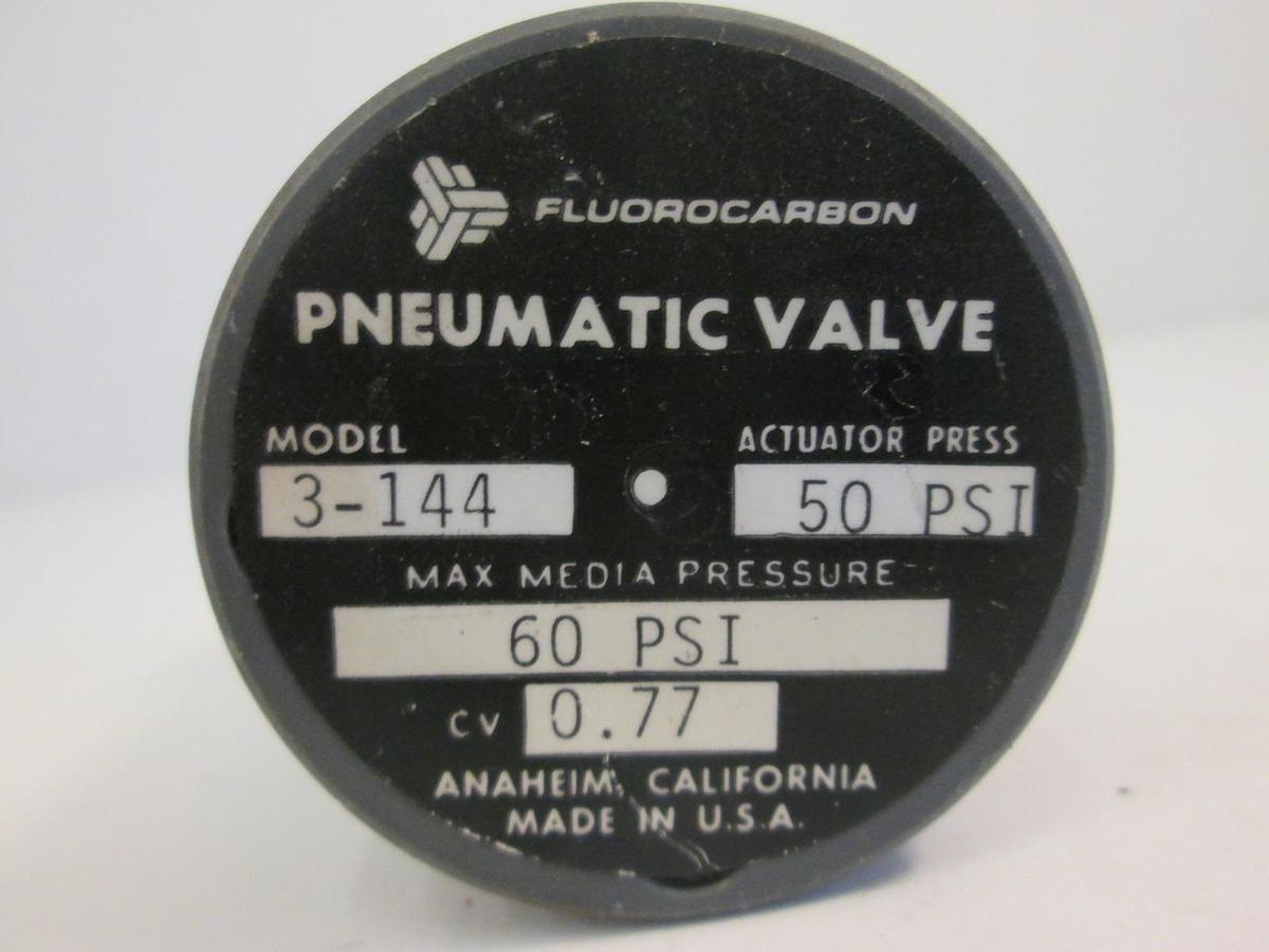 Used Fluorocarbon NV3-144 High Purity N.O. Pneumatic Valve 1/4" 60 psi, 50 psi, Used