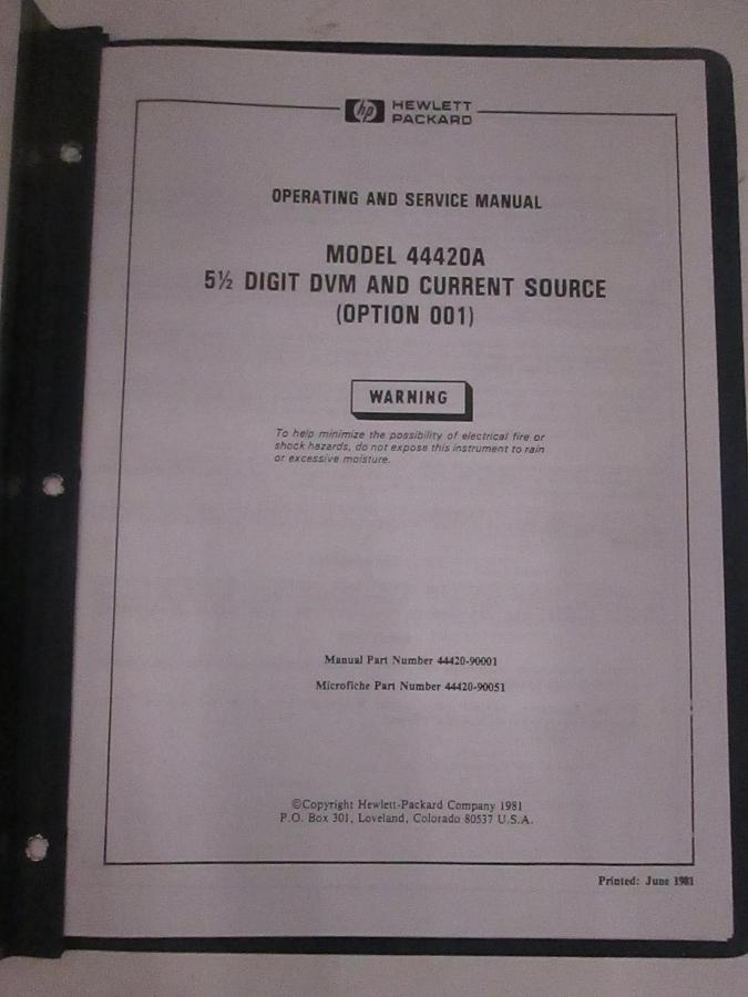 Used HP Model 44420A, 5 1/2 Digit DVM And Current Source (001) Operating Manual, Used