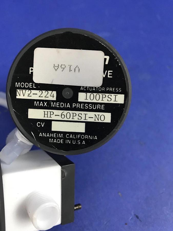 Used Furon NV2-224 HP NO/NC Pneumatic Valve 1/4",60 psi, 100 psi, w/ Tubing, Lot of 2