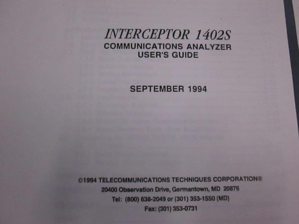 Used TTC Interceptor 1402S Communications Analyzer User's Guide, Used
