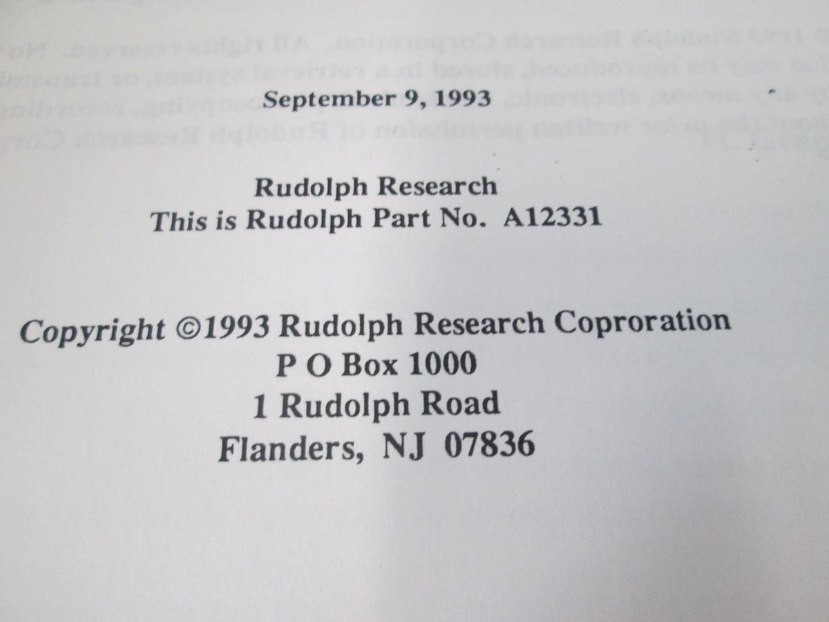 Used Rudolph Research, Ellipsometer, Documentation Kit for 4.6x, A12331, Used