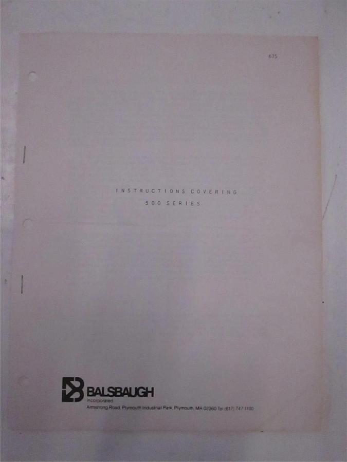 Used Balsbaugh Instructions Covering 500 Series, Used