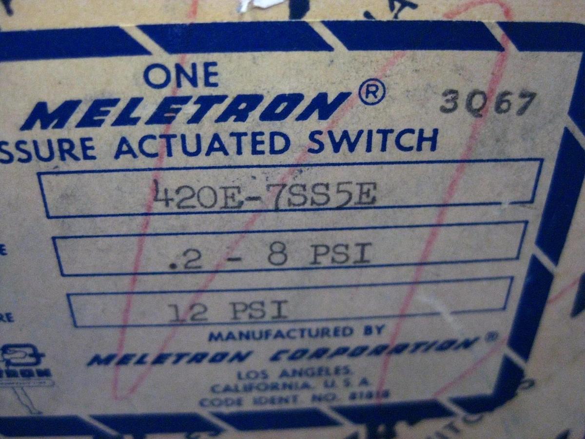 Used MELETRON 420E Pressure Actuated Switch 420E-7SS5E, 0.2 - 8 PSI
