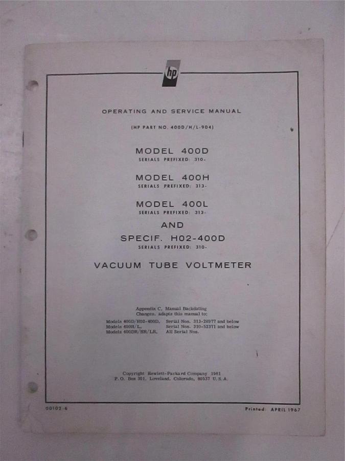 Used HP Model 400D, 400H, 400L and H02-400D Operating and Service Manual, Used