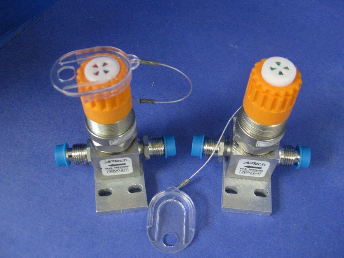 Used APTECH AP3625SM Manual Diaphragm Valve w/ Orange-Yellow Handle & LOTO, Lot of 2