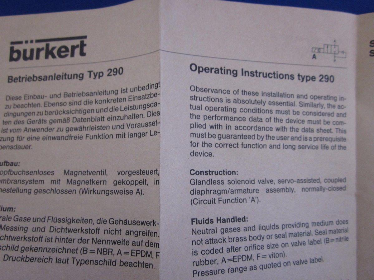 Burkert 452 241 G General Purpose Valve 2/2 Way, 290-A-7/16-F-SS-1/2, LOT of 2