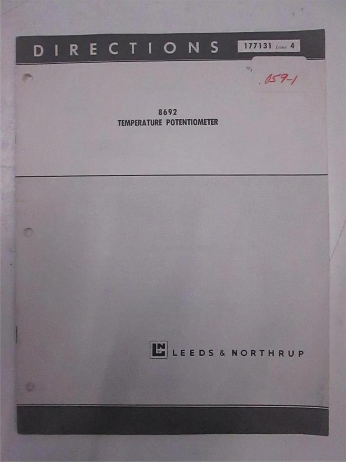 Used Leeds and Northrup 8692 Temperature Potentiometer Directions, Used