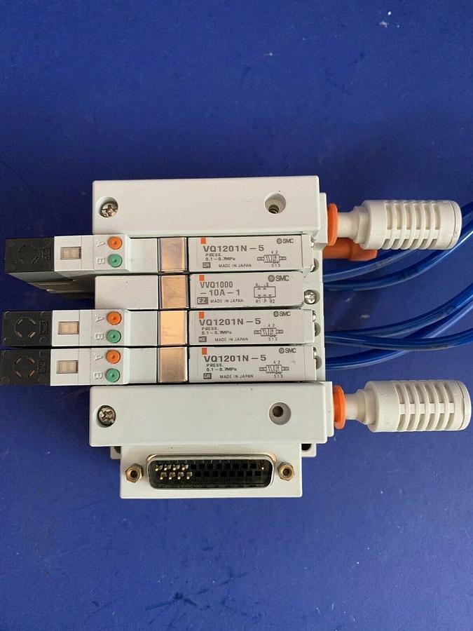 Used SMC Solenoid Valve Assembly w/ (3) VQ1201N-5 Valves and Manifold