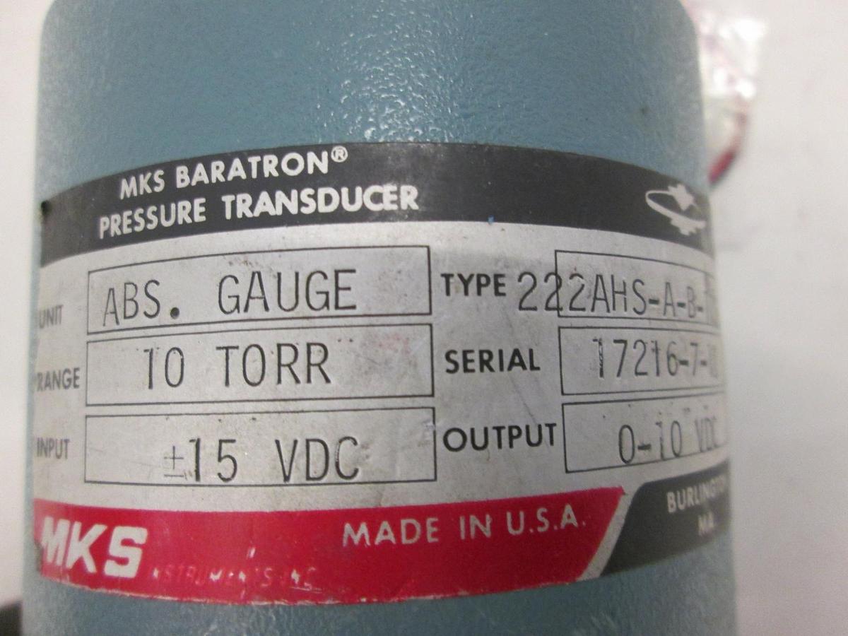 Used MKS, Baratron 10 Torr Pressure Transducer, 222AHS-A-B-10SP, Used