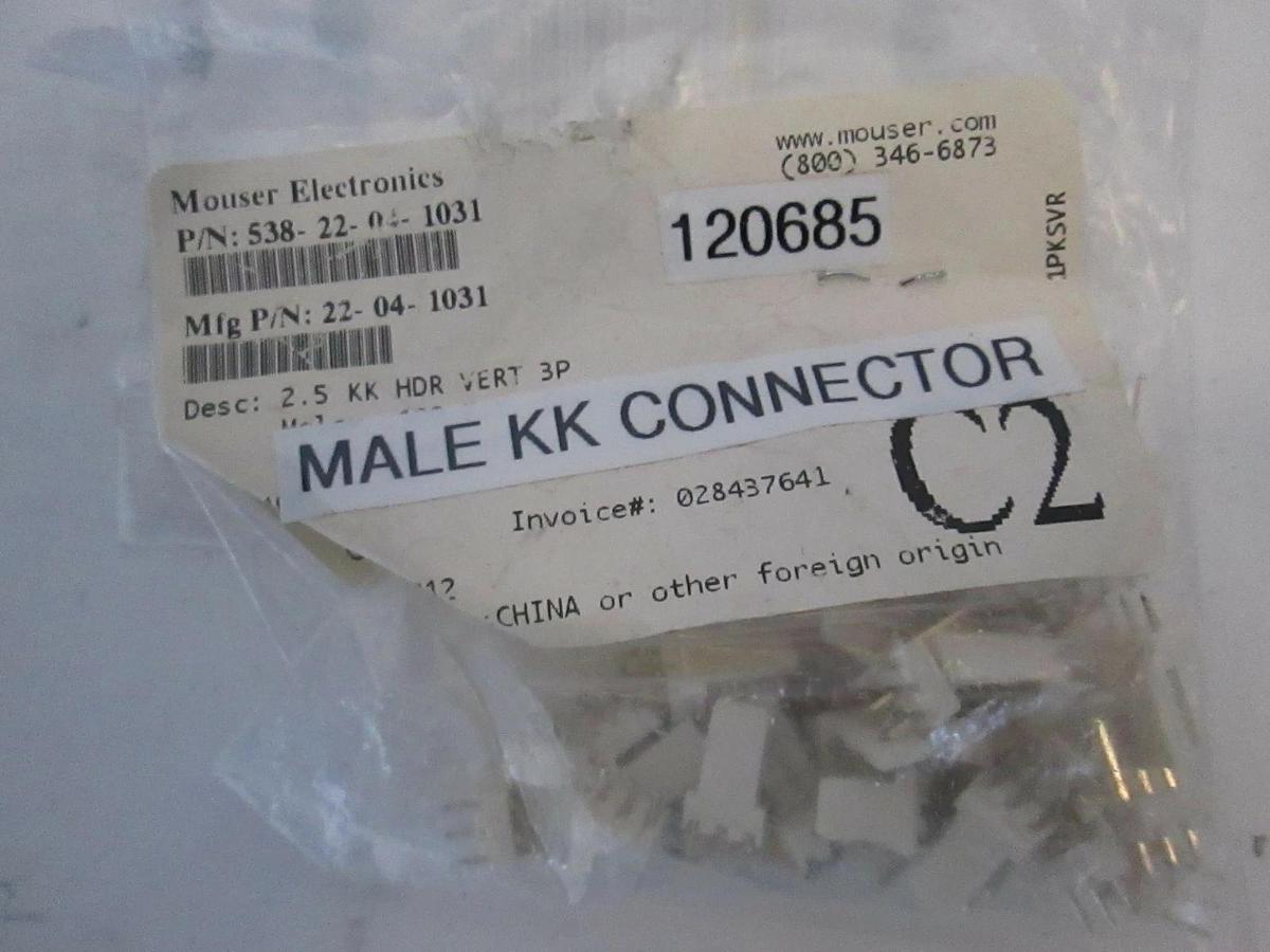 Mouser Electronics Male KK Connector, 2.5 KK HDR Vert 3P, New Lot of 30