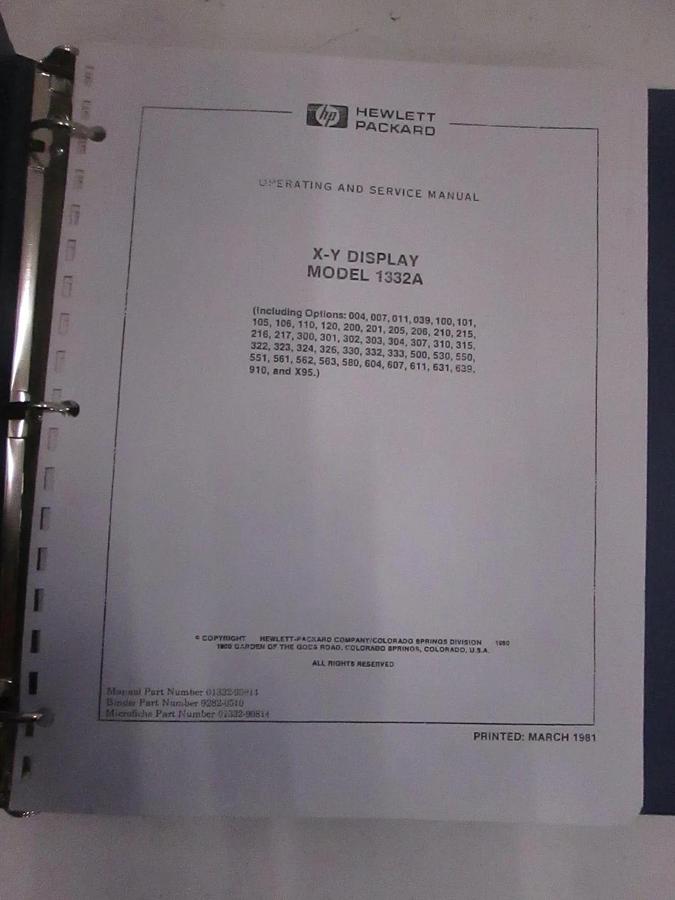 Used HP X-Y Display Model 1332A Operating and Service Manual, Used