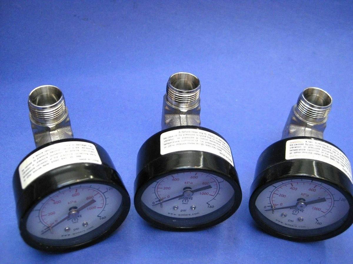 Used Winters Gauge 0-160psi / 0-1000 kPa, 2", 1/2" Swagelok TEE, Lot of 3 Used
