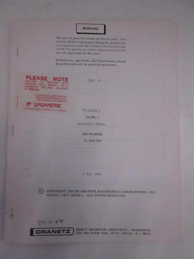 Used Dranetz TM-110385-1 Volume 1 Operator's Manual, Used