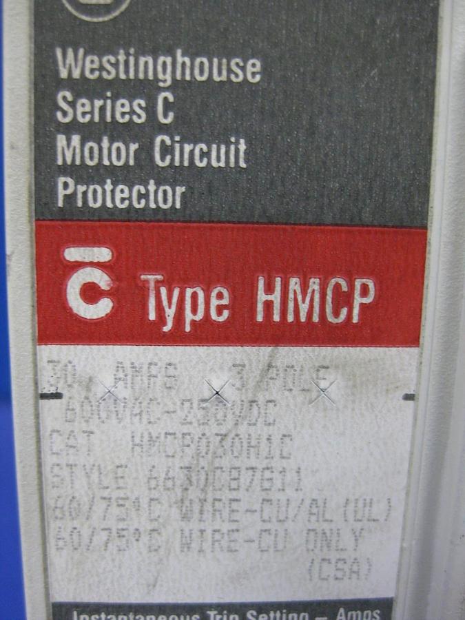 Used Westinghouse Series C HMCP030H1C Circuit Breaker, 600VAC-250VDC 30A 3 Pole, Used