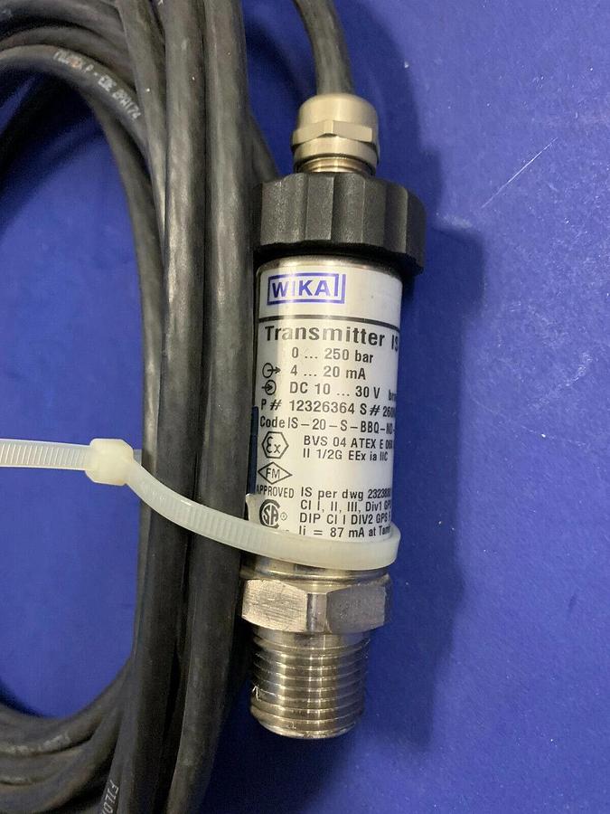 Used WIKA IS-20-S Pressure Transmitter with Cable 0-250 BAR, 20MA, 10-30 VDC, Used