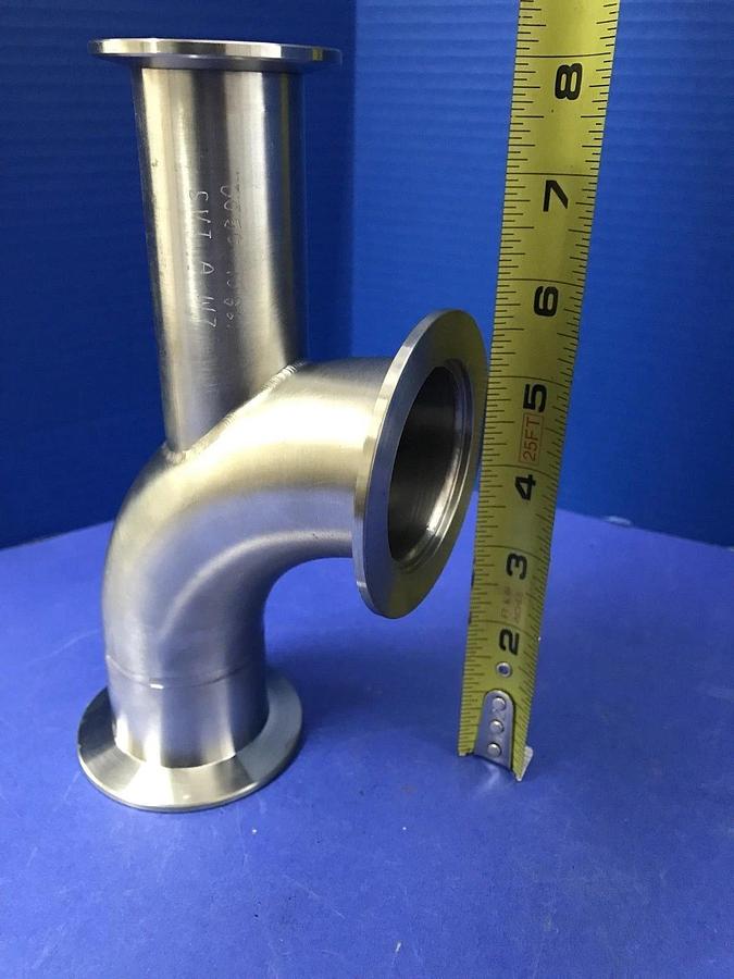 Used SS Vacuum Tube 90° Elbow 4.5" x 3", NW50 Flanges & NW40 Port, LOT of 2 New