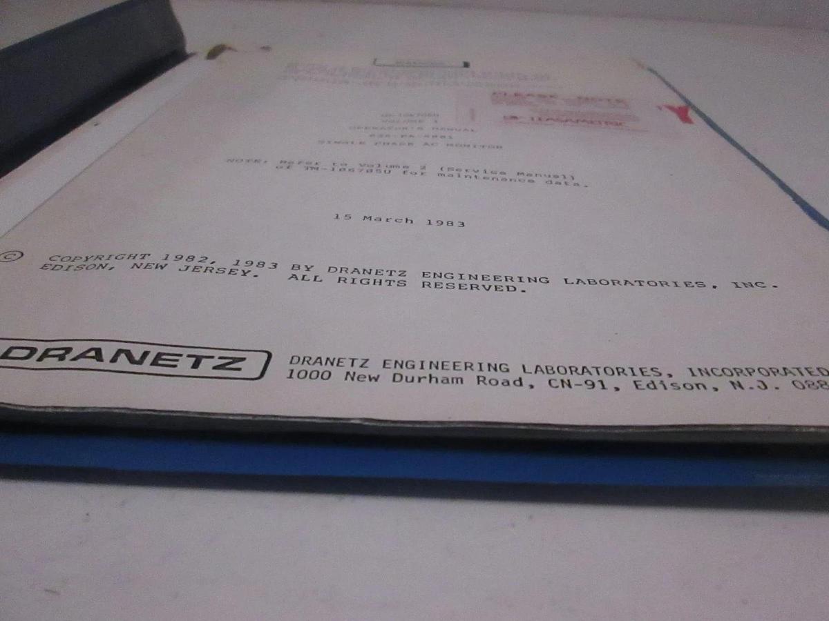 Used Dranetz TM-106705U Volume 1 Single Phase AC Monitor Operators Manual, Used