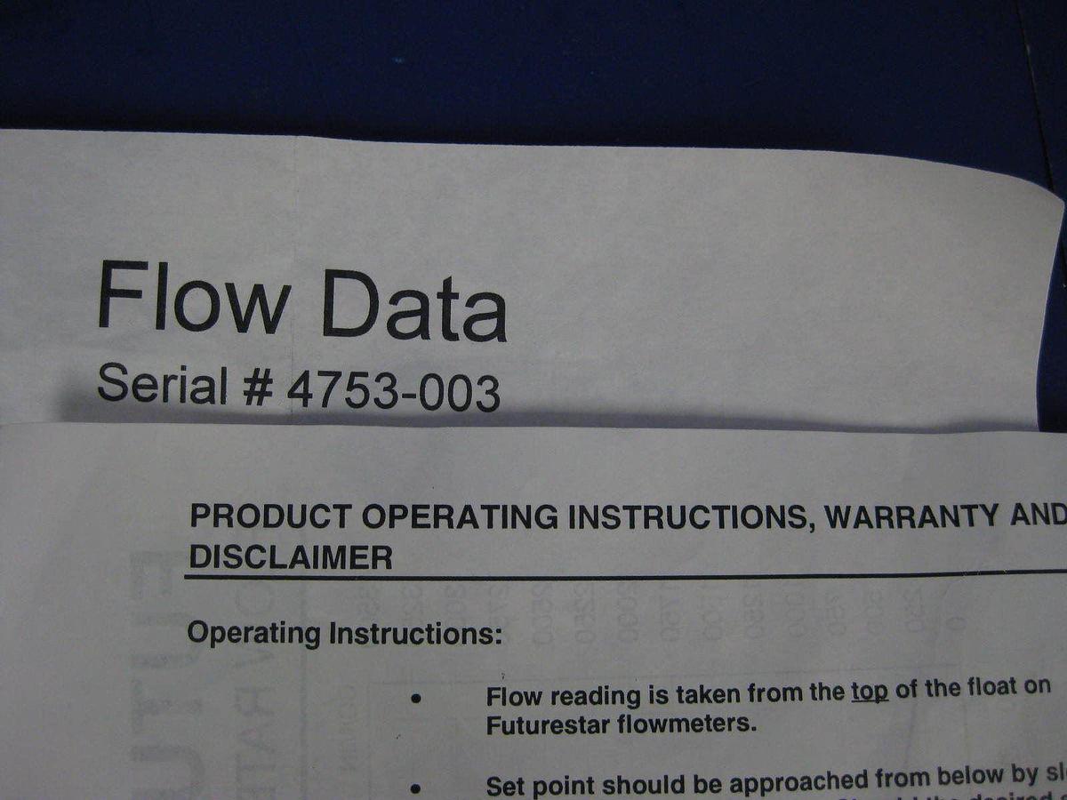 Used Futurestar Flowmeter 5A0-030-6F, 0.3-3.0 l/min w/ Banner SM312FPH Sensor