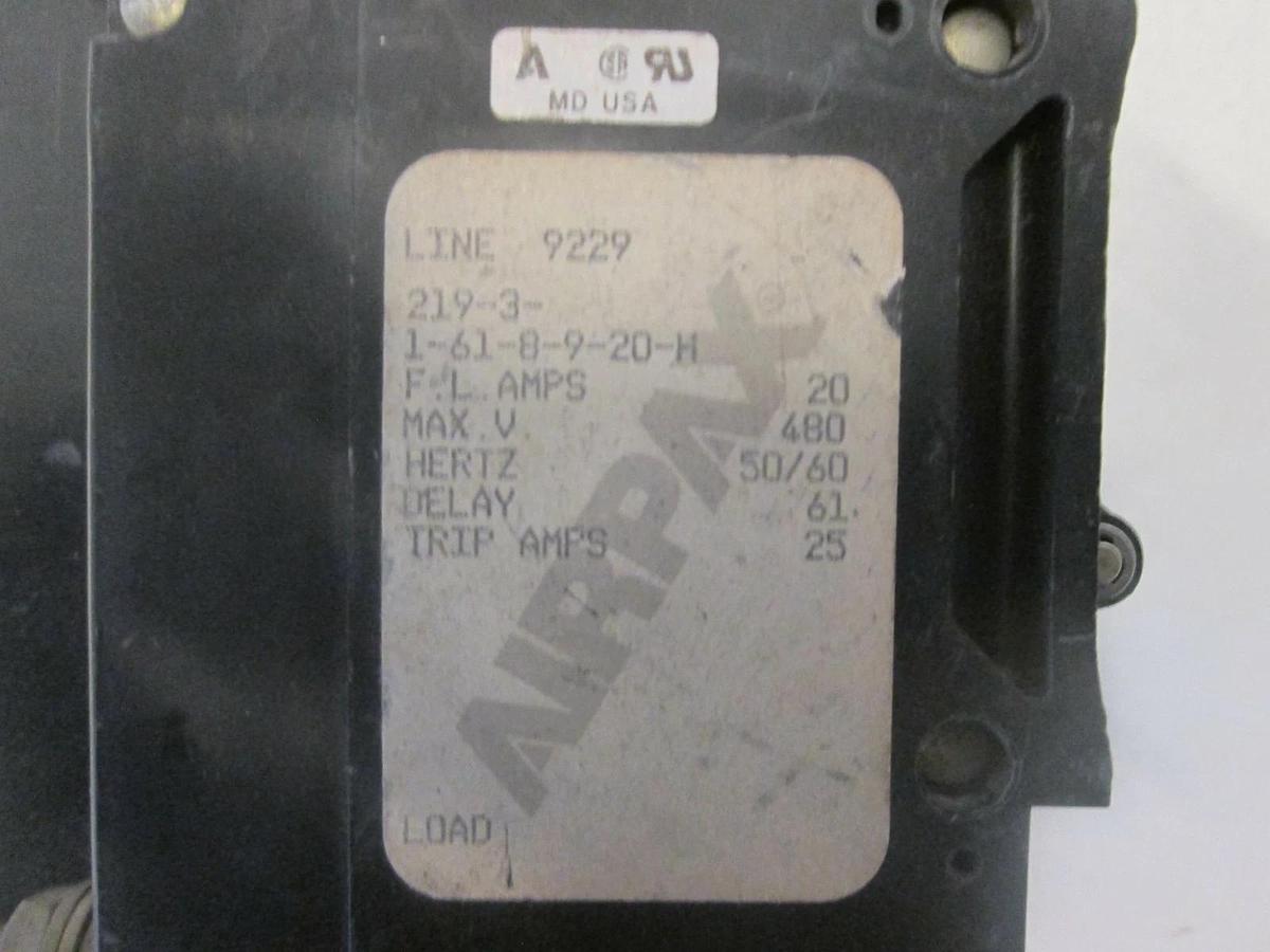 Used Airpax, 2 Pole Circuit Breaker, 219-3-1-61-8-9-20-H, 20A, Used