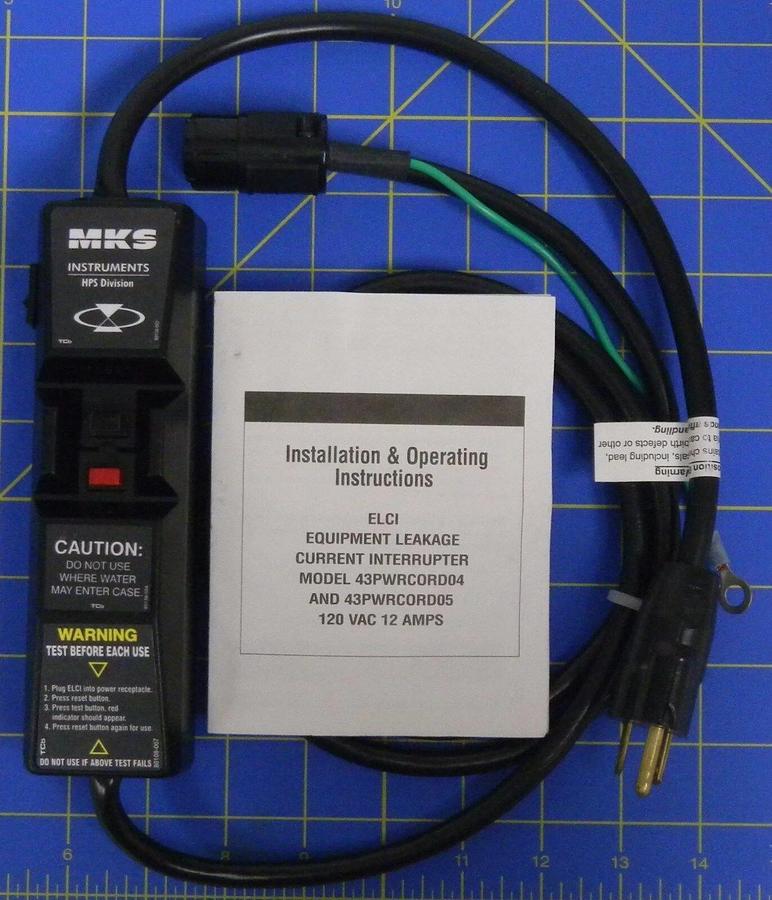 Used MKS 43PWRCORD04 Portable Equipment Leakage Current Interrupter, 6 Ft, 120VAC,12A