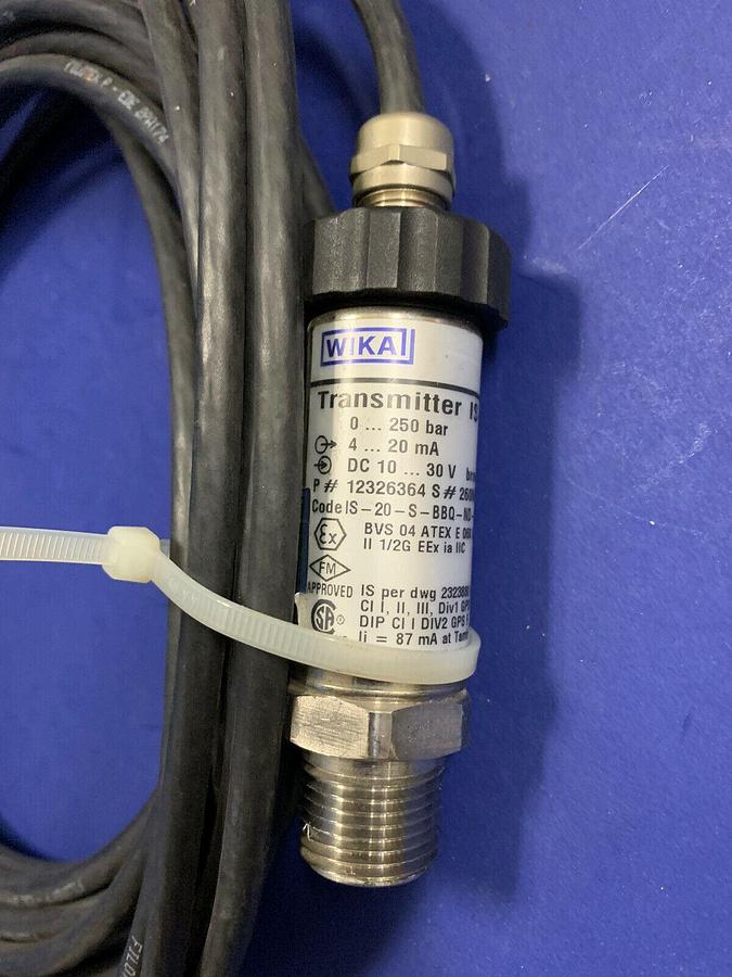 Used WIKA IS-20-S Pressure Transmitter with Cable  0-250 BAR,  20MA, 10-30 VDC, Used