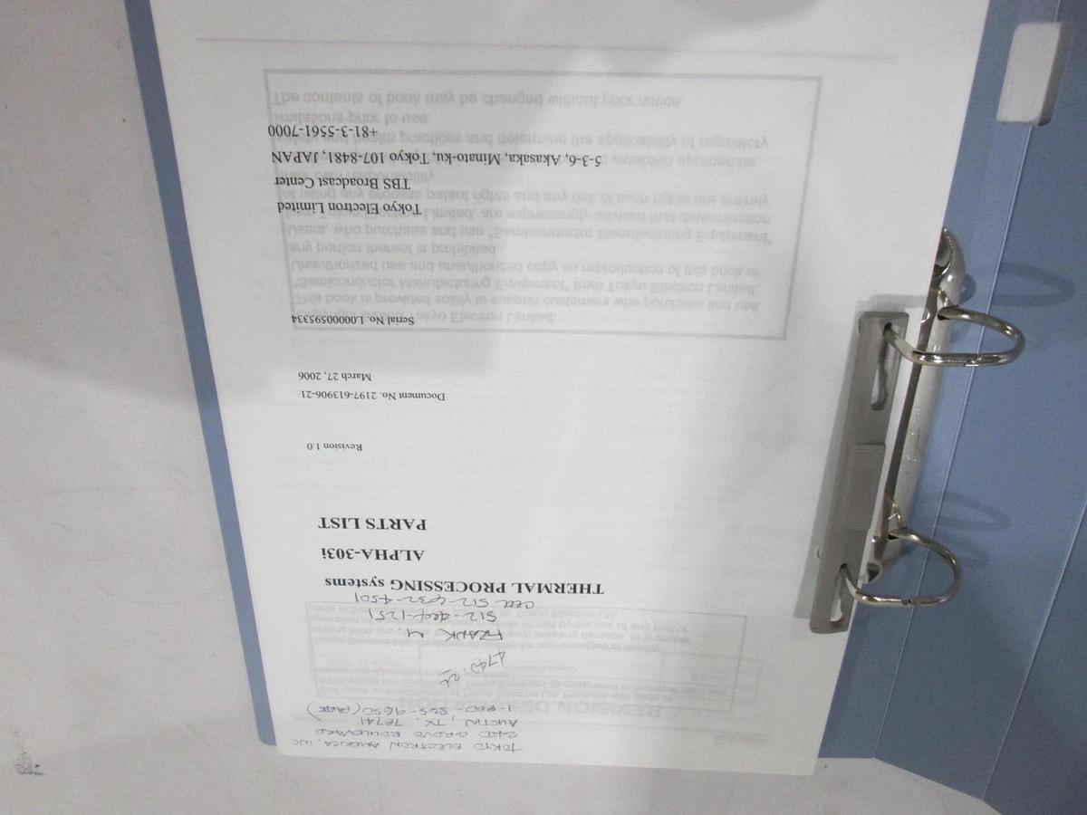 Used TEL Tokyo, Alpha-303i, Parts List, 2197-613906-21, Used