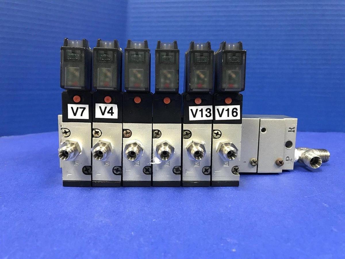 Used SMC NVZ512 Solenoid  Valve Manifold Assembly, with 6 Valves, Used