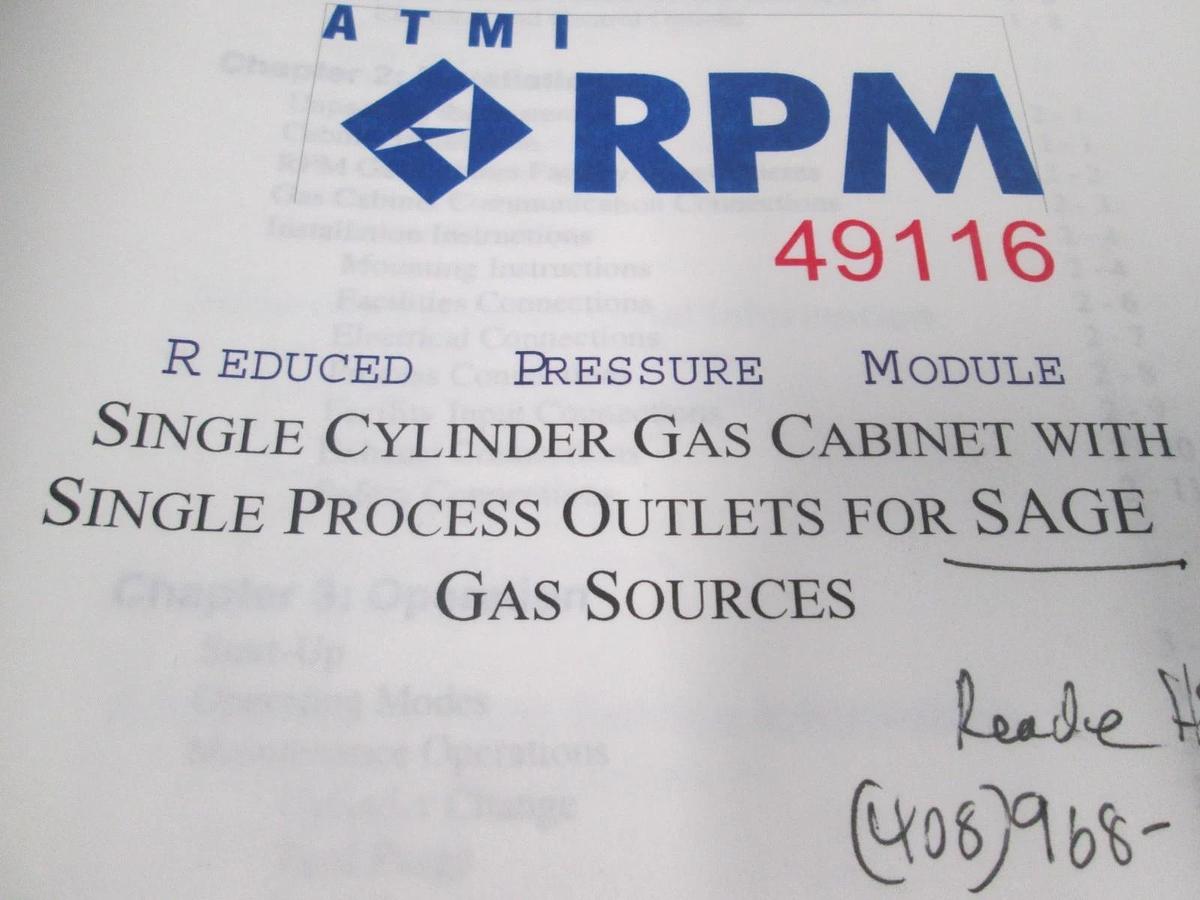 Used ATMI, Single Cylinder Gas Cabinet Installation, Operation and Maintenance Manual