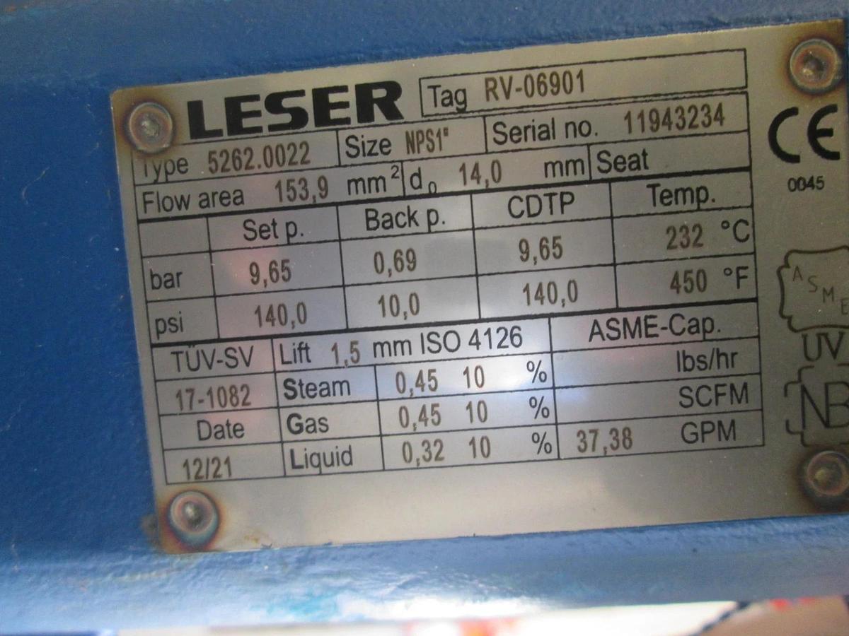 Leser, Pressure Relief Valve, 5262.0022, RV-06901, Size NPS1, unused