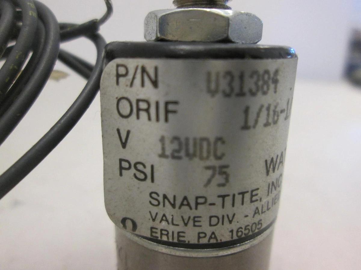 Used Snap-Tite, Solenoid 2 Way Valve, V31384, 75 PSI, 7W, 12 VDC, Used