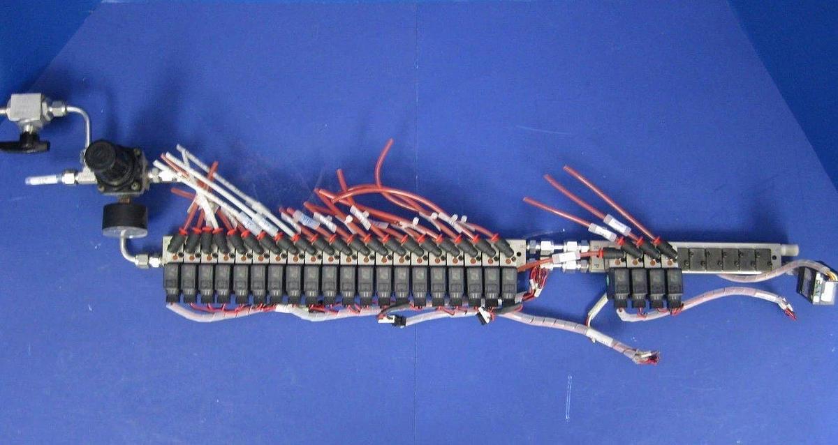 Used SMC 10-VZ110 Valve Assembly w/ 24 Valves, 2 Manifolds, Regulator, Press. Switch