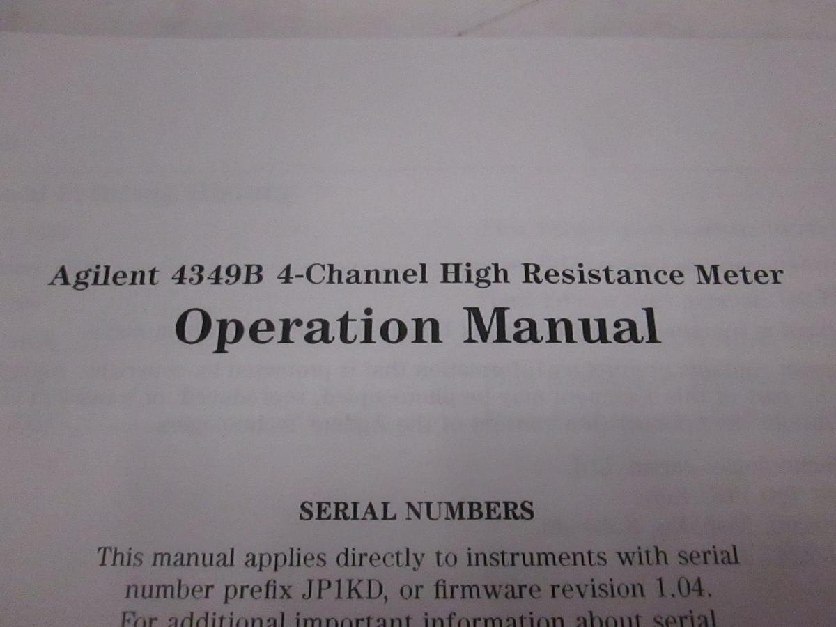 Used Agilent 4349B 4-Channel High Resistance Meter Operation Manual, Used
