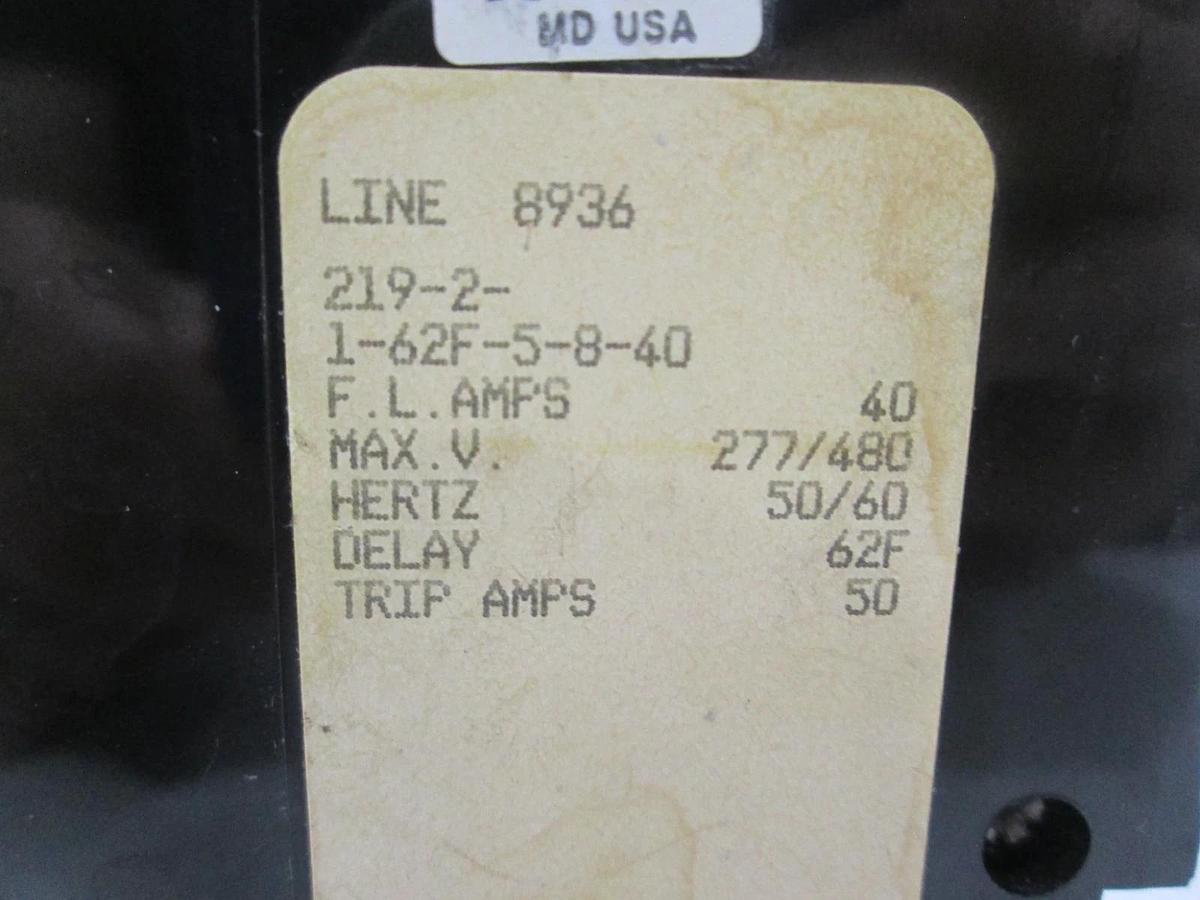 Used Airpax, 219-2-1-62F-5-8-40, Circuit Breaker, 40A, 2 Pole, Used