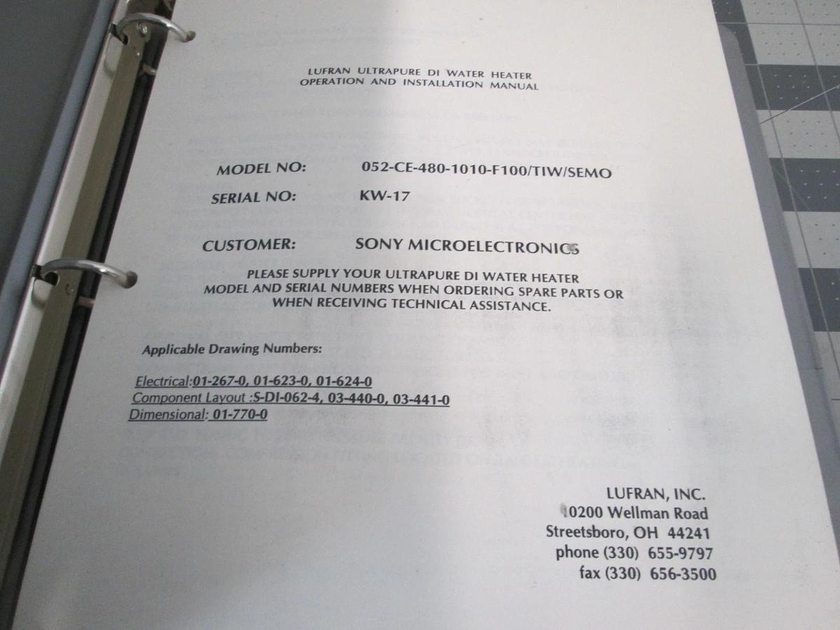 Used Lufran, 052-CE-480-1010-F100/TIW/SEMO, Water Heater Operation Manual, Used