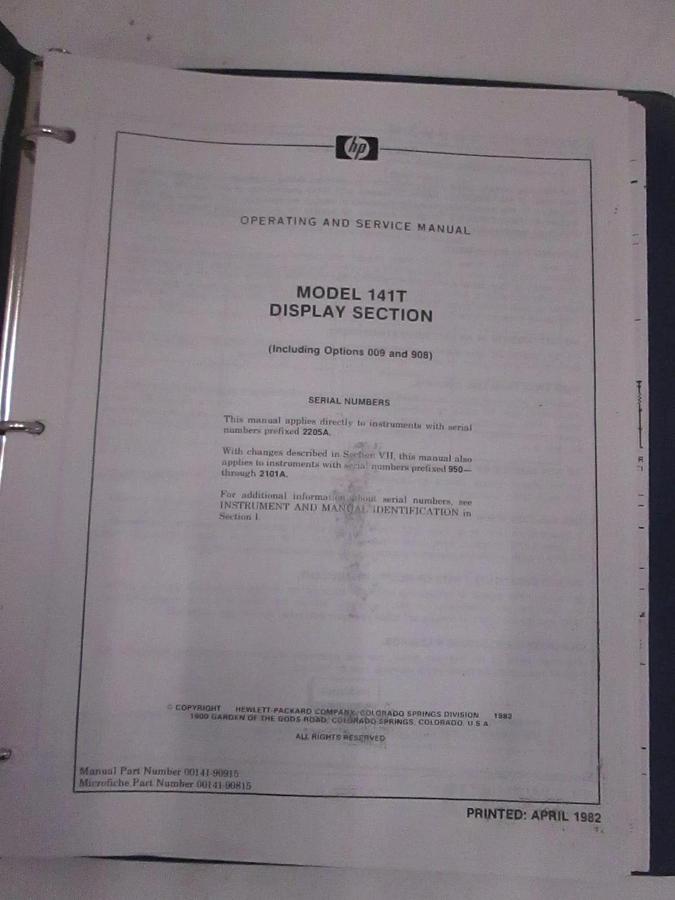 Used HP Model 141T Display Section, Operating and Service Manual, Used