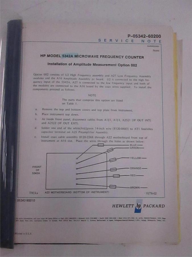 Used HP Model 5342A Microwave Frequency Counter Service Note, Used