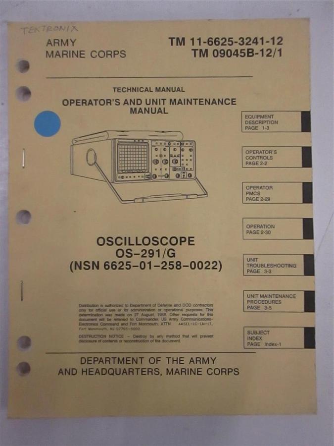 Used Tektronix OS-291/G Oscilloscope Operator and Maintenance Manual, Used