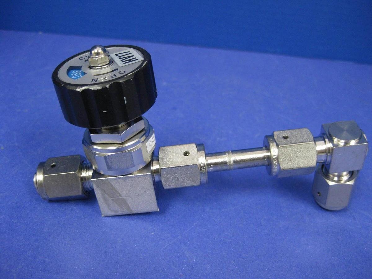 Used Fujikin Indicating Shut Off Valve, 1/4" MVCR x Elbow Tube Assy & 1/4" MVCR