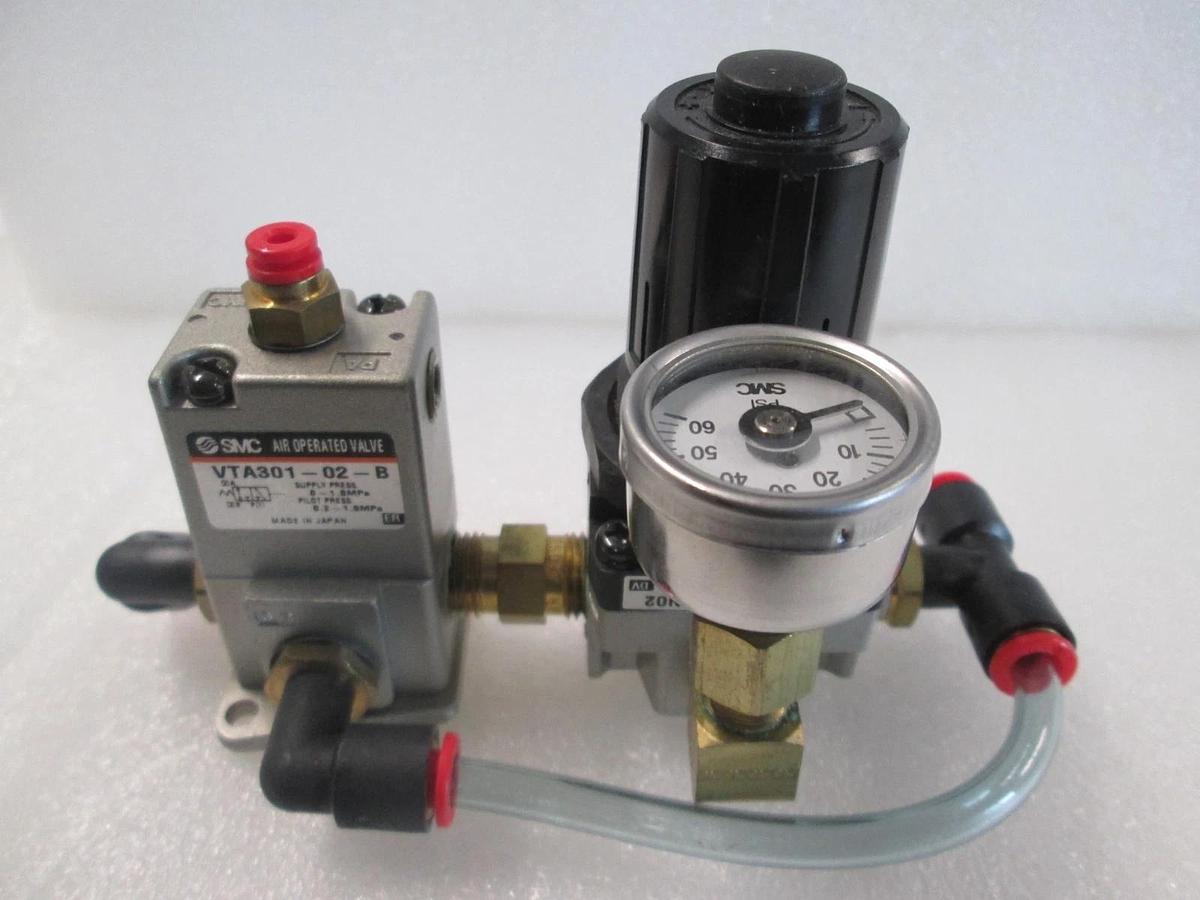 SMC, VTA301-02-B, Air Operated Valve Assy w/ Regulator and 0-60 PSI Gauge, Used