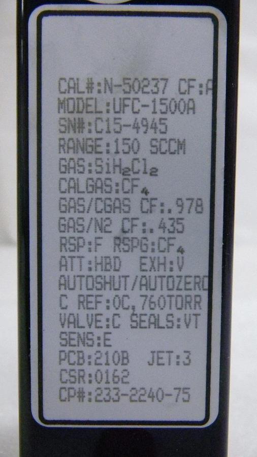 Used Unit UFC-1500A, Mass Flow Controller, Gas- SiH2Cl2, Range- 150 SCCM, 1/4" M I/O