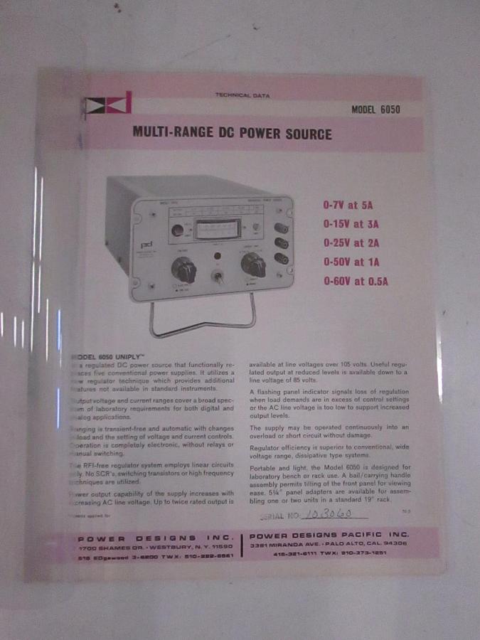 Used Power Designs Multi-Range DC Power Source Technical Data, Model 6050, Used