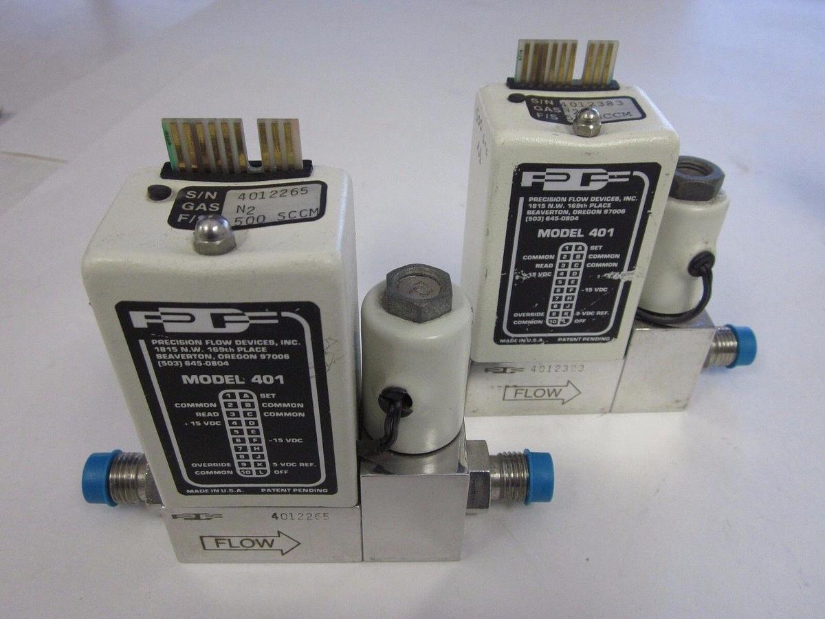 Used Precision Flow 401 MFC, Gas: N2, Range: 500SCCM, 1/4" M VCR In/Out - LOT of 2