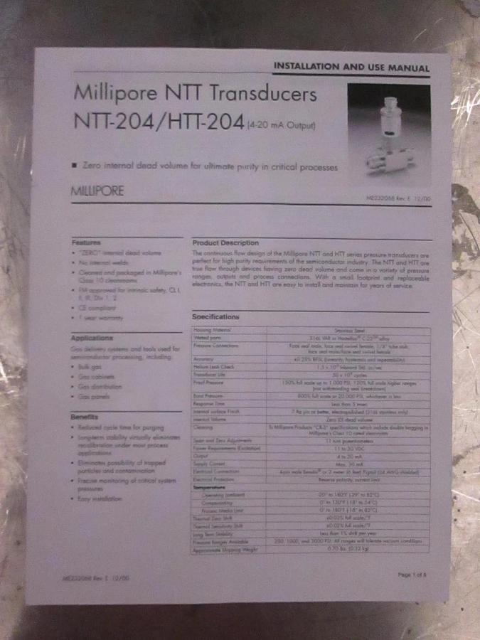 Used Millipore NTT Transducer NTT-204/HTT-204 Installation and Use Manual, Used