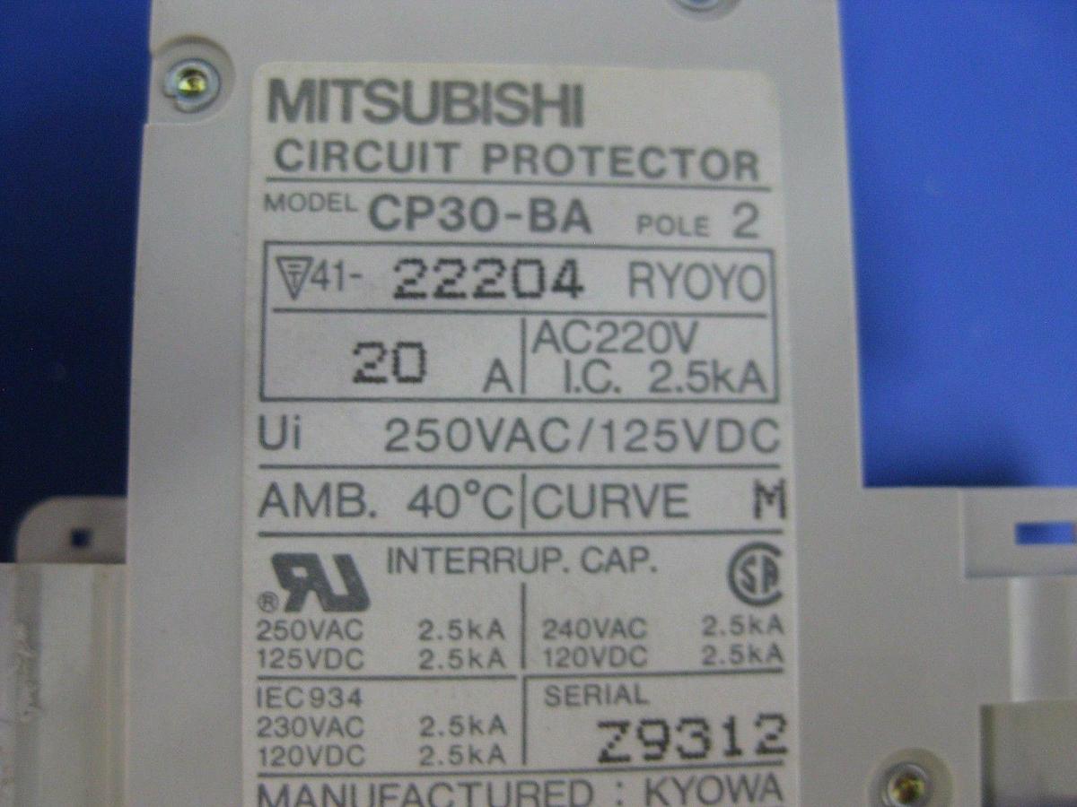 Used Mitsubishi Circuit Protector CP30-BA 20A, 220V, 2 Pole, Lot of 6 Used