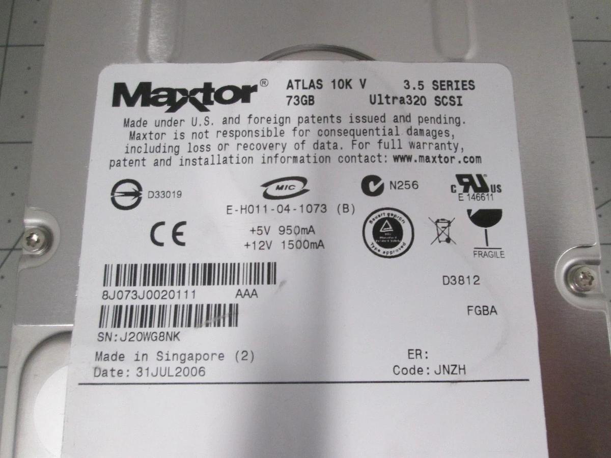 Used Maxtor, Disk Drive, 73GB, Ultra320 SCSI, Atlas 10K V, 3.5 Series, New