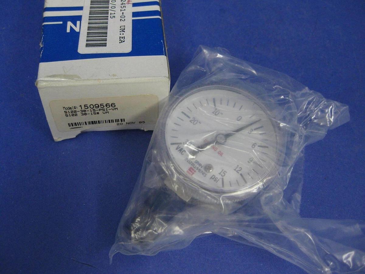 Used Span Instruments Gauge S122-30-15 Range: 30-0-15 PSI, 1/4" MVCR, NEW in BOX