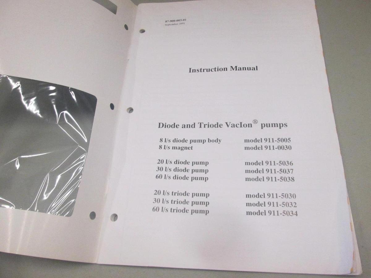 Used Varian, 87-900-003-001, Diode and Triode VacIon Pump Instruction Manual, Used