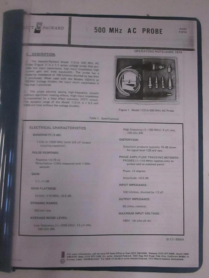 Used HP Model 1121A, 500 MHz AC Probe Operating Note, Used